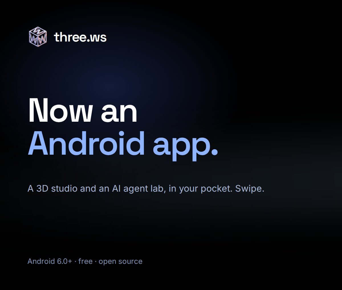 trythreews's tweet photo. A 3D studio and an AI agent lab. In your pocket. 

https://t.co/RTUVeYlv9W Android App is live 📲

Type anything, get a 3D model. One selfie, a character of you. Give it a mind and a voice. Put it in your room in AR. Send it out to work for you.

The 3D AI Agent Layer of the Internet is now mobile friendly.