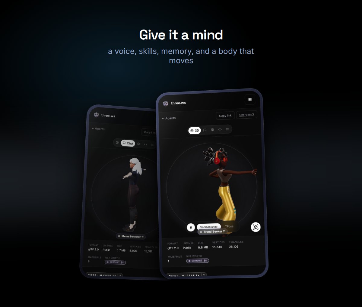 trythreews's tweet photo. A 3D studio and an AI agent lab. In your pocket. 

https://t.co/RTUVeYlv9W Android App is live 📲

Type anything, get a 3D model. One selfie, a character of you. Give it a mind and a voice. Put it in your room in AR. Send it out to work for you.

The 3D AI Agent Layer of the Internet is now mobile friendly.