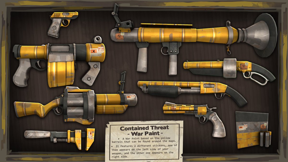 ilovefanta67's tweet photo. Made a war paint based on the yellow barrels that can be found around various maps.
Check the workshop link down below! #tf2 #teamfortress #teamfortress2 https://t.co/VTH4xpiWzV