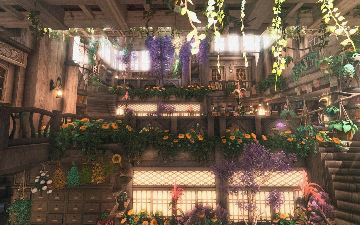 LeoLunari's tweet photo. [Large] Solstice Rise 🔆🌿

A large 'adventurers guild' feeling FC house with bright woods, overgrown with foliage &amp; flowers, books and a whole lot of natural daylighting. (1/5) https://t.co/NheHLvTx4l