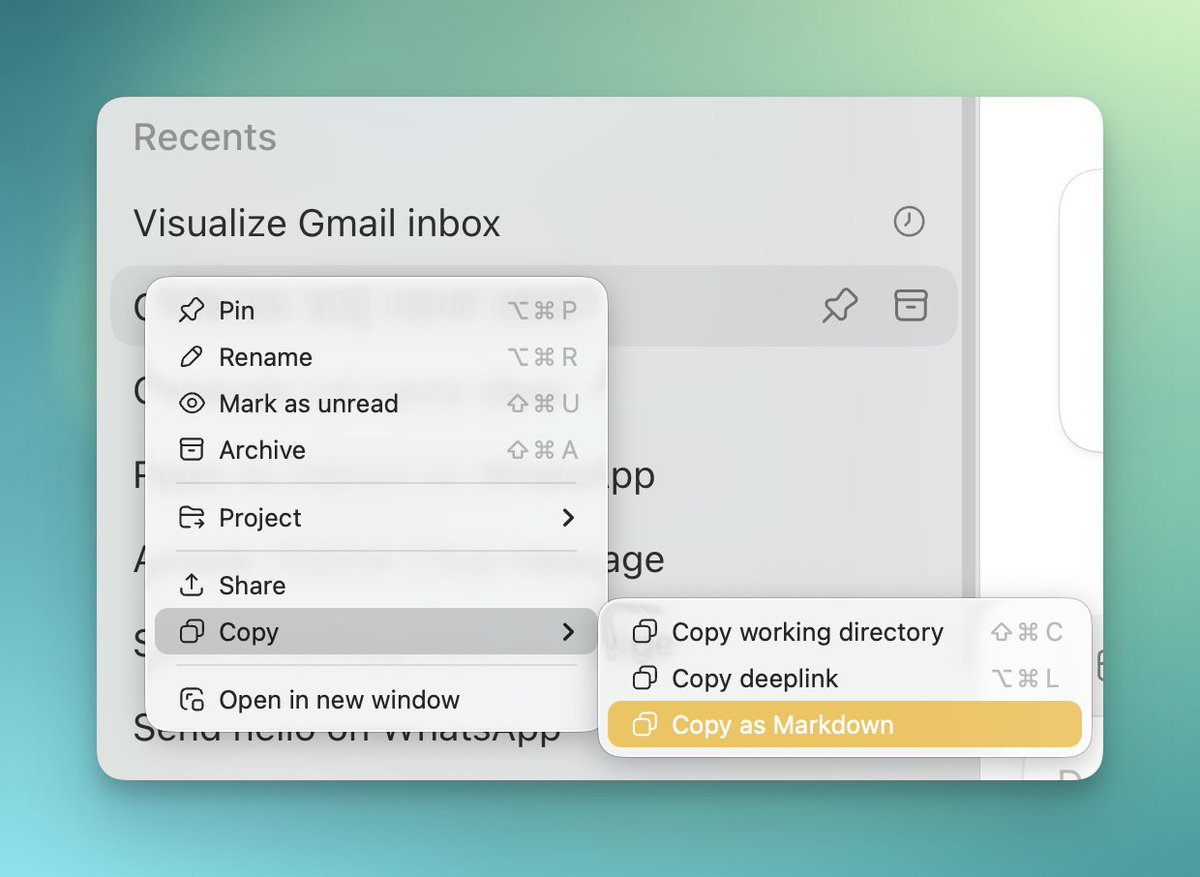 gabrielchua's tweet photo. `Copy as Markdown` in the Codex / ChatGPT desktop app https://t.co/w0RYOYuoor