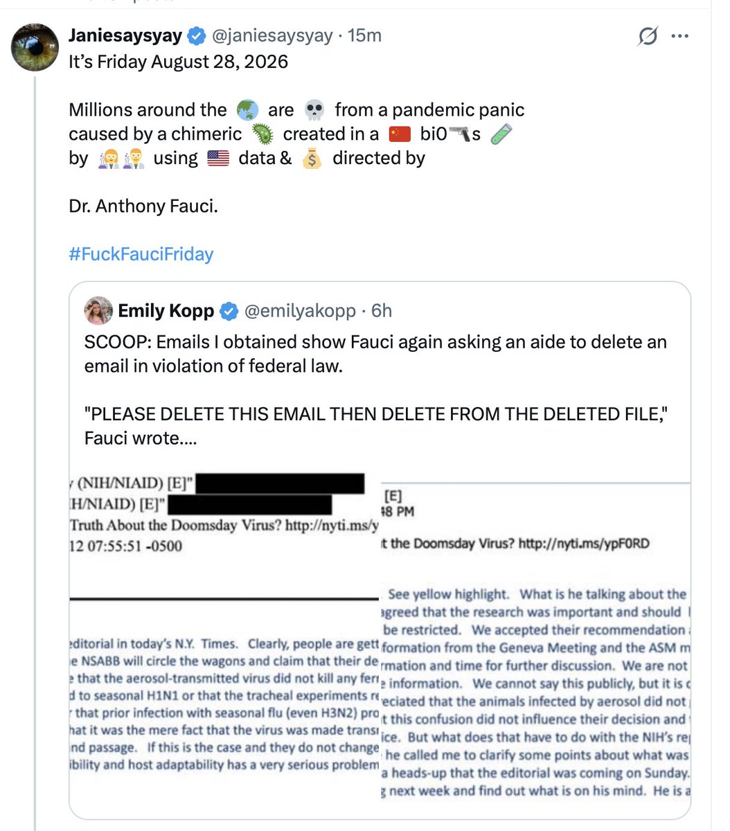 janiesaysyay's tweet photo. For the first time in 5 years X is censoring my weekly #FuckFauciFriday 🧵
As soon as I posted it, it disappeared from my timeline.
I wonder why?
You can find it in my Reposts.
#Censorship #XCensors #FedX #CensorshipKILLS
#TheMostCensoredAccountOnX https://t.co/Lu0AA4uZEl