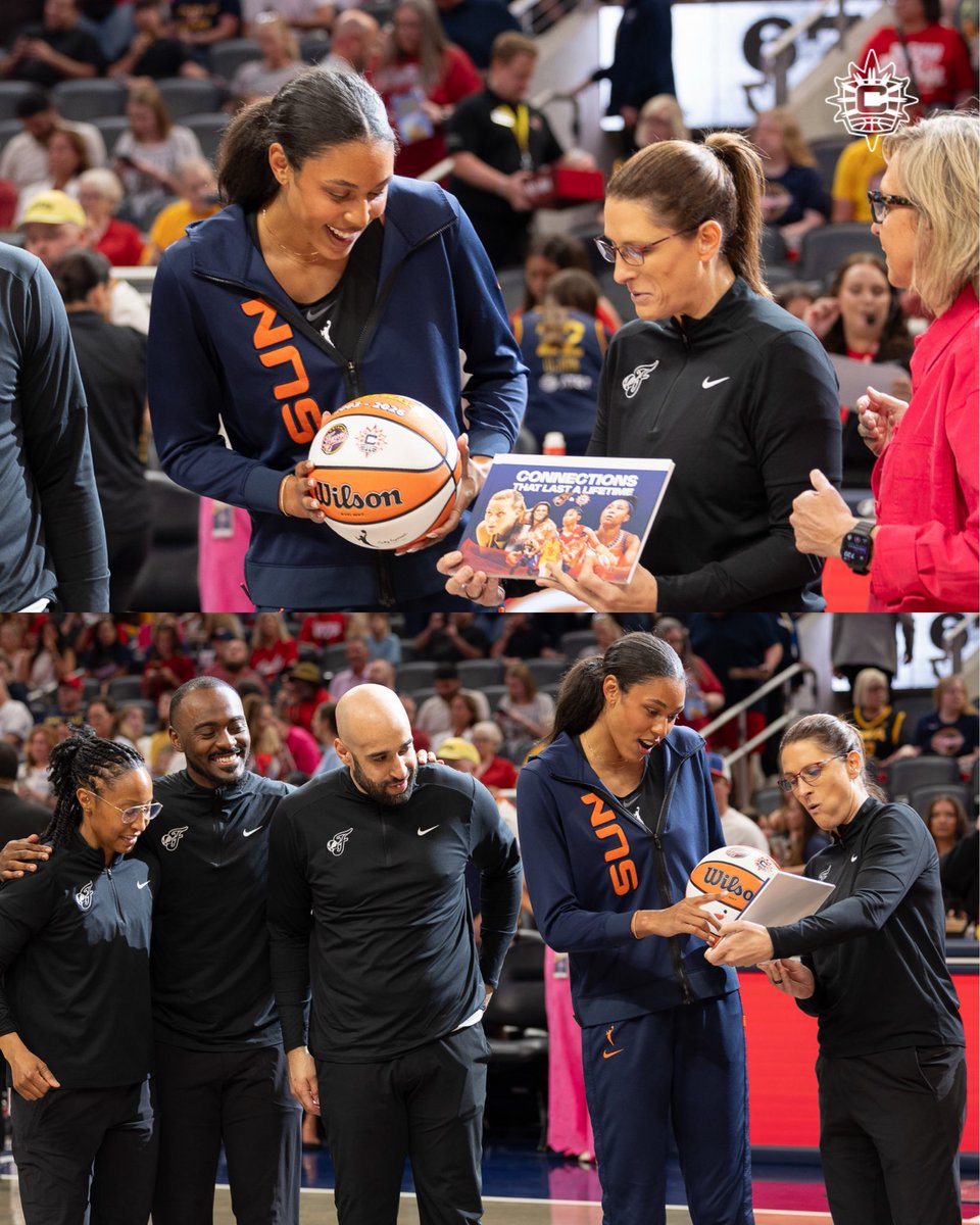 ConnecticutSun's tweet photo. A special pregame moment in Indy🧡

Thank you, @IndianaFever, for honoring our final season and celebrating our time in Connecticut. The moment was made even more meaningful by having the ball and photo book filled with messages presented by familiar faces who have been part of the Sun organization and our story over the years.

#GoldenHour | #CTSun