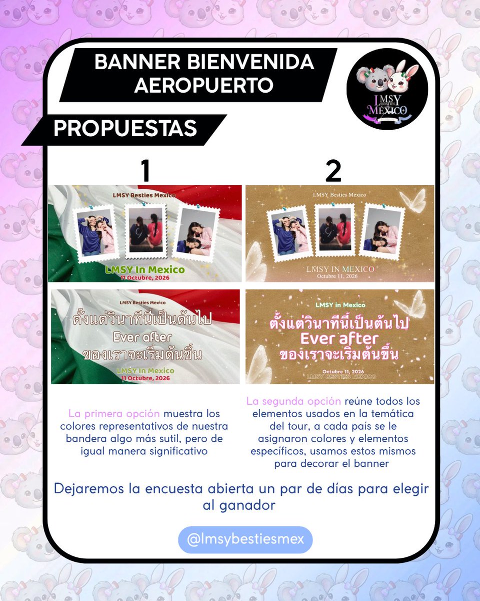 lmsybestiesmex's tweet photo. Finalmente tenemos proyecto! Nos gustaría conocer qué banner les gustaría utilizar, dejen en sus comentarios su favorito! El mas votado será el ganador 🏆
Si desean realizar alguna donación pueden escribirnos por privado 📩
#LMSY #LookmheeSonya #lmsymexico #Everafter https://t.co/Slh03vrDsf