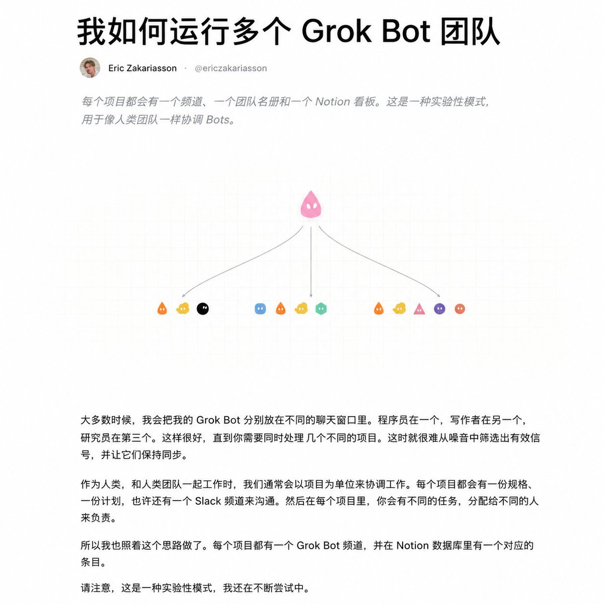 oragnes's tweet photo. SpaceXAI 把一人公司 AI 员工写成操作手册了，收藏学习版！

我刚看完 SpaceXAI 新出的 Grok Bot Guides，这可能是目前最值得抄的一套 AI Agent 工作流。

重点是他们已经开始按公司组织架构使用 AI：

每个 Bot 都有独立岗位、长期记忆、自己的云电脑、工具权限、定时任务和技能，做完以后还能直接把任务交给下一个 Bot。

人不再需要夹在每两个 Agent 中间当消息转发器。

最夸张的一个案例，是一个人直接跑了一家 6 个 AI 员工的手游工作室：

一个负责统筹和上架
一个看投放和用户数据
一个做广告素材
一个写客户端和后端
一个管服务器部署
还有一个每天晚上扫 Sentry 修 Bug。

分析 Agent 发现问题以后，可以直接把结论交给创意 Agent 或工程 Agent，整条链路自己往下跑。

SpaceXAI 自己的 PM 玩得更狠：

Chief of Staff + 工程经理 + 5 个工程 Agent + 数据分析师 + 产品 Agent + 招聘 Agent，一共 10 个 Bot。

工程经理自己甚至不写代码，它的工作就是拆任务、分给 5 个工程 Agent，再检查结果——已经开始出现AI 管 AI了。

还有一套更像未来公司的玩法：

一个项目对应一个频道、一支 Bot 团队和一个 Notion 看板。

Manager Bot 自动创建项目、拉 Agent 进组、分配任务，卡住就把任务标成 Blocked，再来找人。

作者自己都发现，最后长出来的东西居然和人类公司的 Slack + Jira + 项目经理 + 专业团队越来越像。

完整 Guides：https://t.co/fVEmTstINH