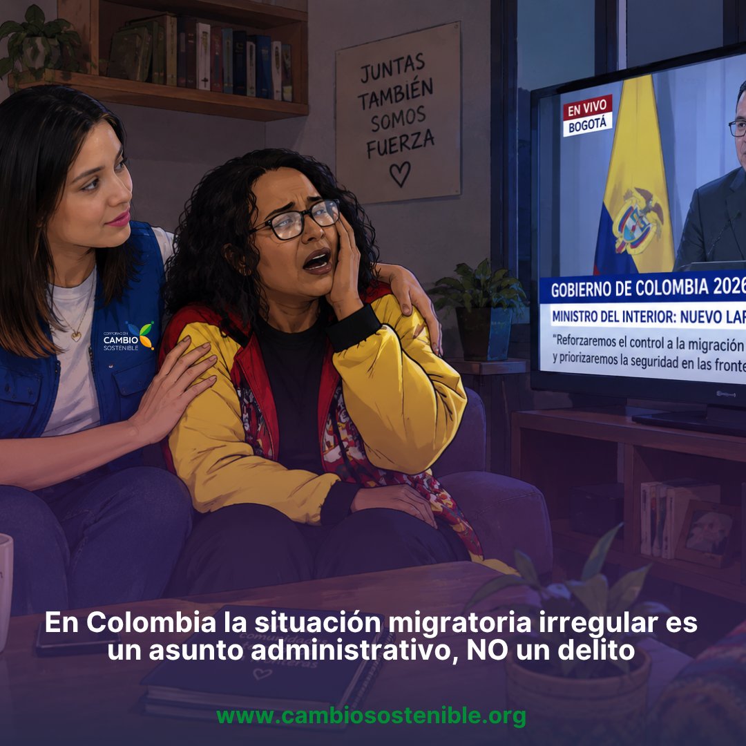ccambioso's tweet photo. ⚠️ En Colombia la migración irregular, NO es ilegal

Desde Cambio Sostenible advertimos desde el 2024 sobre la securitización de la migración, un discurso que se ha extendido desde el norte global hacia países receptores, como Colombia, para criminalizar a las personas migrantes .

El reciente anuncio del gobierno nacional de iniciar operativos para deportar a "migrantes ilegales" ha encendido las alarmas. Aunque el ministro del Interior, Rodrigo Lara, ha precisado que la medida se enfoca en redes criminales, el mensaje inicial ha generado confusión y un ambiente de persecución .

📢 Es urgente recordar que:

✅ La situación migratoria irregular es un asunto administrativo, no un delito. Así lo establece el ordenamiento jurídico colombiano, y la Corte Constitucional ha confirmado que las personas en esta condición tienen los mismos derechos civiles .

✅ Las personas migrantes no deben ser estigmatizadas. La gran mayoría de los venezolanos en Colombia, cerca de 2.8 millones, buscan oportunidades y contribuyen al desarrollo del país .

✅ Exhortamos a las autoridades a no confundir a la ciudadanía extranjera: La utilización de términos como "migrante ilegal" fomenta la xenofobia y la discriminación, en lugar de construir una cultura de convivencia y respeto.

🕊️ La migración es un derecho humano. Colombia tiene compromisos internacionales de protección que no pueden ser omitidos, y la regularización migratoria es la mejor herramienta para combatir las redes criminales y garantizar los derechos de todas las personas.

#MigraciónIrregular #DerechosHumanos #VocesMigrantes #NoALaCriminalización #IntegraciónSocial #Colombia #CambioSostenible
