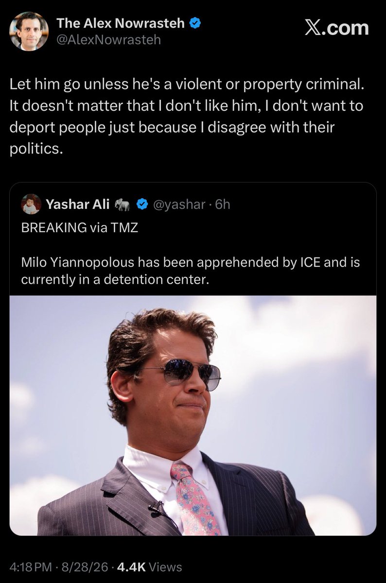 emeriticus's tweet photo. Milo’s enemies on the right are gloating about him ending up in ICE custody in what looks like an instance of the federal government being weaponized to settle petty scores. It would not be an exaggeration to say that his rivals on the right would cheer if he were mistreated or killed.

Meanwhile, people outside of the right who have no love for Milo are defending him. This is the fundamental difference between the right and its critics. 

The right sees everything through the Schmittian friend/enemy distinction. You’ll get laughed at for suggesting that it is possible to even exist outside that framework. And yet here are a bunch of people who have absolutely no reason to defend Milo doing just that on principle. They could apply the friend/enemy thing, like the right, but they don’t. That is why any society, any culture, any regime controlled by the right will inevitably be more corrupt and unjust. Its critics are simply more civilized and have a better claim to the moral high ground.