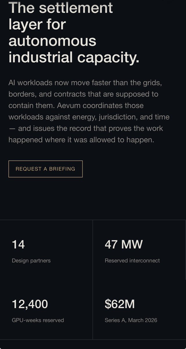 CCampaign69's tweet photo. @Polymarket We just raised $62M to sit between the model and the meter — 14 design partners, 47 MW already reserved — and we issue the only compute record a grid operator, a ministry, and your counsel will all accept. https://t.co/1ajGH1IveQ