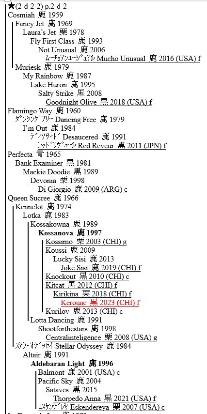 hotta_shigeru's tweet photo. The attached is the dam lineage of Kerouac, the winner of Clasico Polla De Potrancas.
(Each of the underlined is GI winner "foaled this century" and the boldfaced is the mare foaling multiple GI winners with separate sires) https://t.co/tjuWXvpAiJ