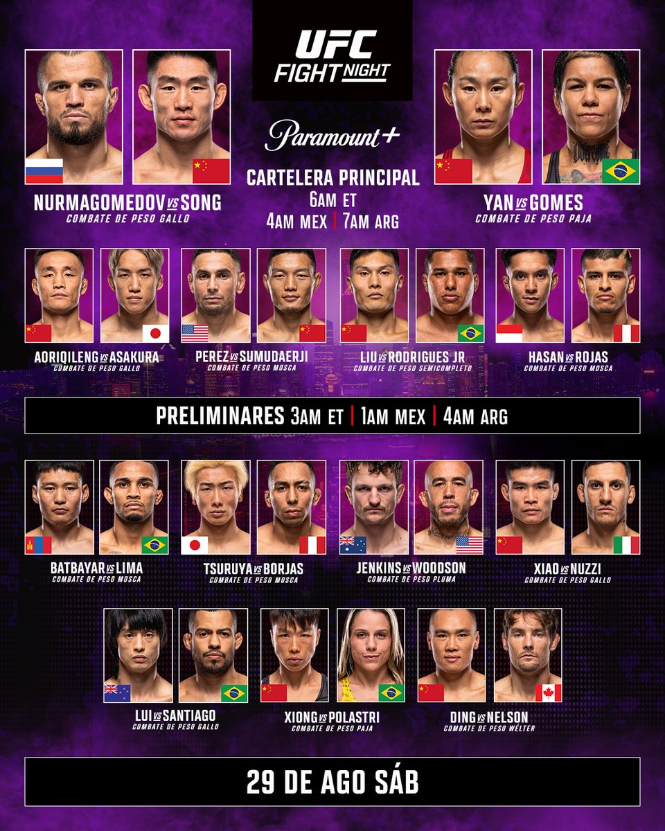 UFCEspanol's tweet photo. Arrancamos temprano en Shanghái 🇨🇳

ESTELARES 6am ET 🇺🇸 / 4am 🇲🇽 / 7am 🇦🇷 / 12pm 🇪🇸⁣⁣⁣⁣⁣⁣
PRELIMS 3am ET 🇺🇸 / 1am 🇲🇽 / 4am 🇦🇷 / 9am 🇪🇸⁣⁣⁣⁣⁣⁣
⁣⁣⁣⁣⁣
#UFCShanghai | Sáb. 29 de agosto | En vivo por @PPlusDeportes https://t.co/MAQcj1wC4X