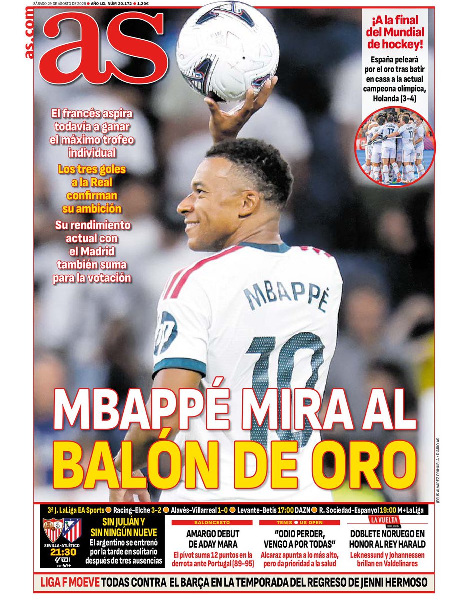 ActuFoot_'s tweet photo. 🚨 « MBAPPÉ 🇫🇷 VISE LE BALLON D’OR » 🌕

La UNE de @diarioas ce samedi. 🗞️ https://t.co/1akW6sWnNh
