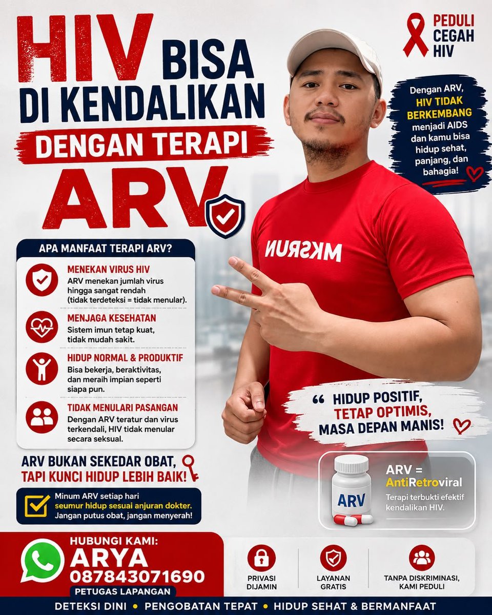 vctmks's tweet photo. HIV bukan akhir dari segalanya. ❤️
Dengan terapi ARV yang rutin, HIV bisa dikendalikan dan kamu tetap bisa hidup sehat, produktif, dan berkualitas.
Jangan putus obat, jangan menyerah. Tetap semangat dan jaga kesehatan! 💪❤️
#HIV #ARV #HidupSehat #PeduliHIV #StopStigma #TanpaDiskriminasi