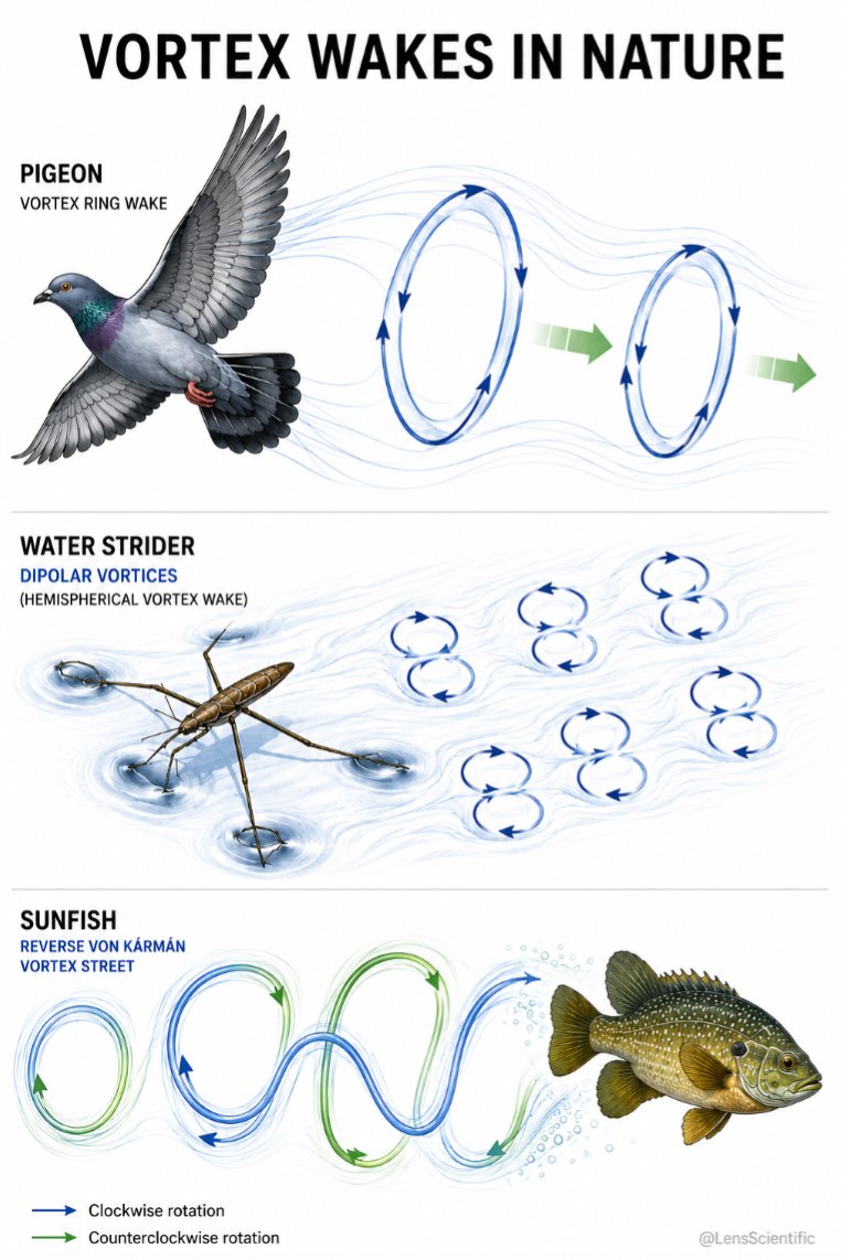 LensScientific's tweet photo. A bird, an insect and a fish can all move by leaving organized vortices behind them.

A pigeon’s wingbeat sheds discrete vortex rings that carry momentum into the wake. A water strider pushes against the water surface by generating hemispherical vortices with its legs. A swimming sunfish can produce a reverse von Kármán vortex street, where the wake carries momentum in a way that contributes to thrust.

The useful idea is momentum transfer: the animal pushes the surrounding fluid backward, and the resulting change in fluid momentum produces the force that moves the animal forward. The vortex patterns are the visible signature of that interaction.