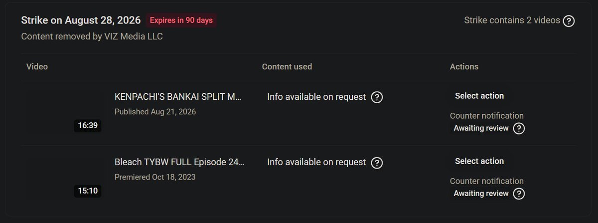KingOfLighting's tweet photo. Viz Media has been striking my Bleach TYBW reactions on my KOL Reactions channel, even reactions that were done in 2023. They hit me with 2 strikes in the early morning hours and 2 strikes an hour ago.

To prevent that channel from getting taken down, we've removed ALL the Bleach reactions on that channel. Moving forward, we're going to change our upload strategy for a lot of series.