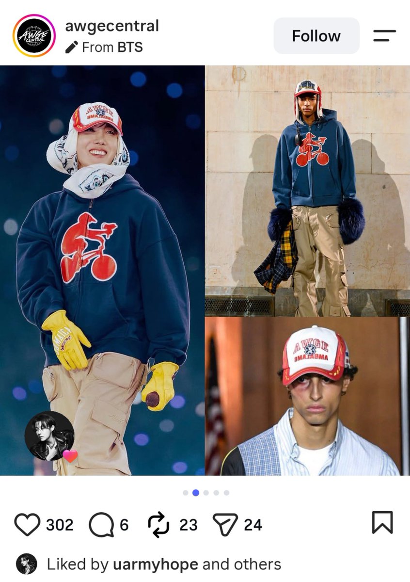 Noona387's tweet photo. Hobi liked this Instagram post that he was wearing pieces from the awgenization Spring /Summer &amp; Fall / Winter 2026 collection during their WORLD TOUR 'ARIRANG' US shows. https://t.co/vWkmcvi8Tr
