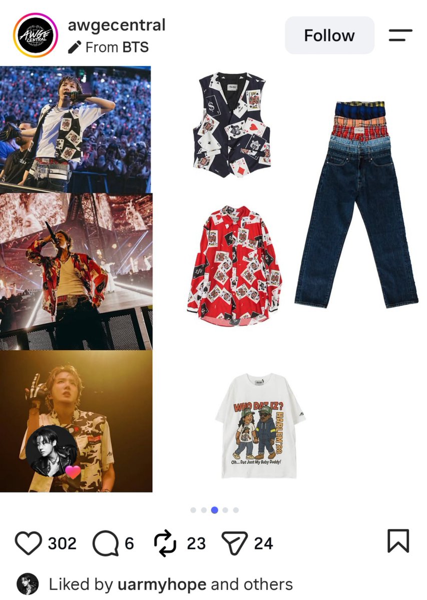 Noona387's tweet photo. Hobi liked this Instagram post that he was wearing pieces from the awgenization Spring /Summer &amp; Fall / Winter 2026 collection during their WORLD TOUR 'ARIRANG' US shows. https://t.co/vWkmcvi8Tr
