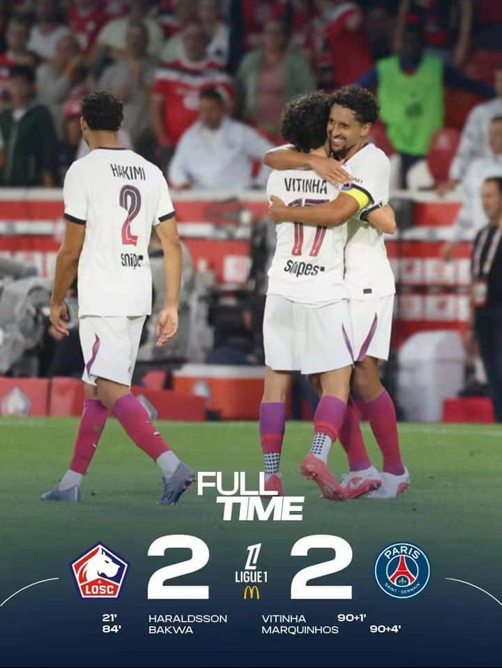 Call_me_Miccko's tweet photo. PSG score TWICE in stoppage time to rescue a point against Lille in a 2-2 draw.

They also came back from down 2-0 to draw in their first Ligue 1 game 😮 https://t.co/s1cNbqcX3n