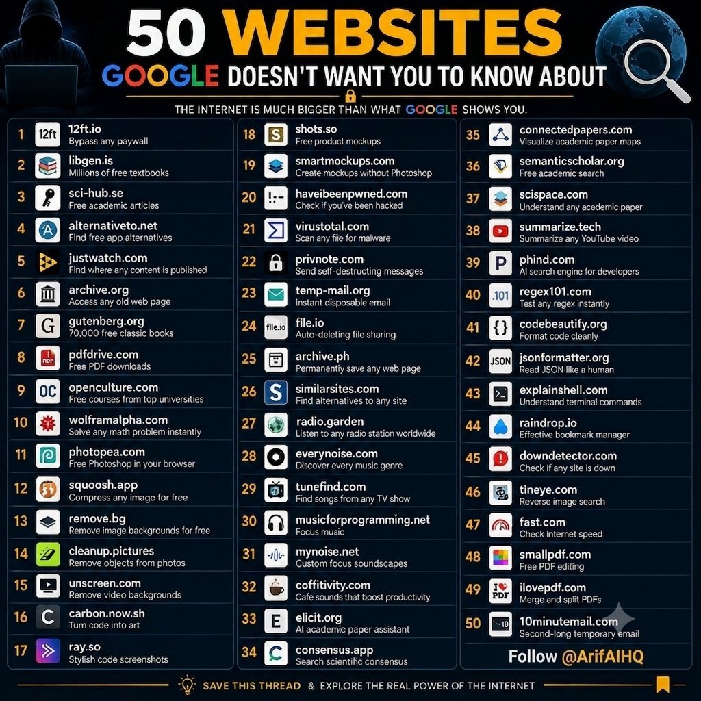 ArifAIHQ's tweet photo. 50 Web Sites Google Doesn't Want You to Know About

1.) 'https://t.co/ElNBmlQM4R' — Bypass any paywall
2.) 'https://t.co/fgmC7Fwu9l' — Millions of free textbooks
3.) 'https://t.co/RLNx06Hapr' — Free academic articles
4.) 'https://t.co/gOkFgZk8Bq' — Find free app alternatives
5.) 'https://t.co/oKnODbmu1k' — Find where any content is published
6.) 'https://t.co/Q31kxdRdCm' — Access any old web page
7.) 'https://t.co/JGLJ1vBMd4' — 70,000 free classic books
8.) 'https://t.co/pOv1iYSBhf' — Free PDF downloads
9.) 'https://t.co/mNJNoPjb0A' — Free courses from top universities
10.) 'https://t.co/yrpzRcVq4X' — Solve any math problem instantly
11.) 'https://t.co/PSQWFnBqHS' — Free Photoshop in your browser
12.) 'https://t.co/dVHCcpl8zq' — Compress any image for free
13.) 'https://t.co/Wv5dNqTyKU' — Remove image backgrounds for free
14.) 'https://t.co/AfwRqOXsE6' — Remove objects from photos
15.) 'https://t.co/f2lId2H619' — Remove video backgrounds
16.) 'https://t.co/ZxmRK0LWeE' — Turn code into art
17.) 'https://t.co/JQKgXzGKhR' — Stylish code screenshots
18.) 'https://t.co/fh5UrMWUda' — Free product mockups
19.) 'https://t.co/j6pp31pbLd' — Create mockups without Photoshop
20.) 'https://t.co/vORyZ5C5Xb' — Check if you've been hacked
21.) 'https://t.co/mTeWBUC3l5' — Scan any file for malware
22.) 'https://t.co/whAuSUyU4c' — Send self-destructing messages
23.) 'https://t.co/Sz27b2GxfH' — Instant disposable email
24.) 'https://t.co/yc4pV95Xkc' — Auto-deleting file sharing
25.) 'https://t.co/p6N6ZfqYkZ' — Permanently save any web page
26.) 'https://t.co/zHDnEAe2uB' — Find alternatives to any site
27.) 'https://t.co/bDEEnoZEJh' — Listen to any radio station worldwide
28.) 'https://t.co/VWfuIn1LAo' — Discover every music genre
29.) 'https://t.co/Fb2EKFPd2O' — Find songs from any TV show
30.) 'https://t.co/ueLYHaL6Fp' — Focus music
31.) 'https://t.co/xEb9mdypc1' — Custom focus soundscapes
32.) 'https://t.co/9N1pHsZUnw' — Cafe sounds that boost productivity
33.) 'https://t.co/RSV0kxbeFa' — AI academic paper assistant
34.) 'https://t.co/V188KncLe7' — Search scientific consensus
35.) 'https://t.co/B9cuT2Gscy' — Visualize academic paper maps
36.) 'https://t.co/rS84uZ1UAb' — Free academic search
37.) 'https://t.co/fW70smp4rC' — Understand any academic paper
38.) 'https://t.co/fP3HQjL5gg' — Summarize any YouTube video
39.) 'https://t.co/Ho3G2rYfLp' — AI search engine for developers
40.) 'https://t.co/jYuShbP6wE' — Test any regex instantly
41.) 'https://t.co/hWk2CgZiL6' — Format code cleanly
42.) 'https://t.co/VOzFrBSHzi' — Read JSON like a human
43.) 'https://t.co/isVS4wQPrE' — Understand terminal commands
44.) 'https://t.co/J4HQwNWk9x' — Effective bookmark manager
45.) 'https://t.co/cHDOA1zSyI' — Check if any site is down
46.) 'https://t.co/M1ui3gEwUS' — Reverse image search
47.) 'https://t.co/nUl8ALGeLY' — Check internet speed
48.) 'https://t.co/UZei8ObR3V' — Free PDF editing
49.) 'https://t.co/6Weq5y7fyH' — Merge and split PDFs
50.) 'https://t.co/0iez5I3gqn' — Second-long temporary email

The internet is much bigger than what Google shows you.

Follow me ❤️ @ArifAIHQ
