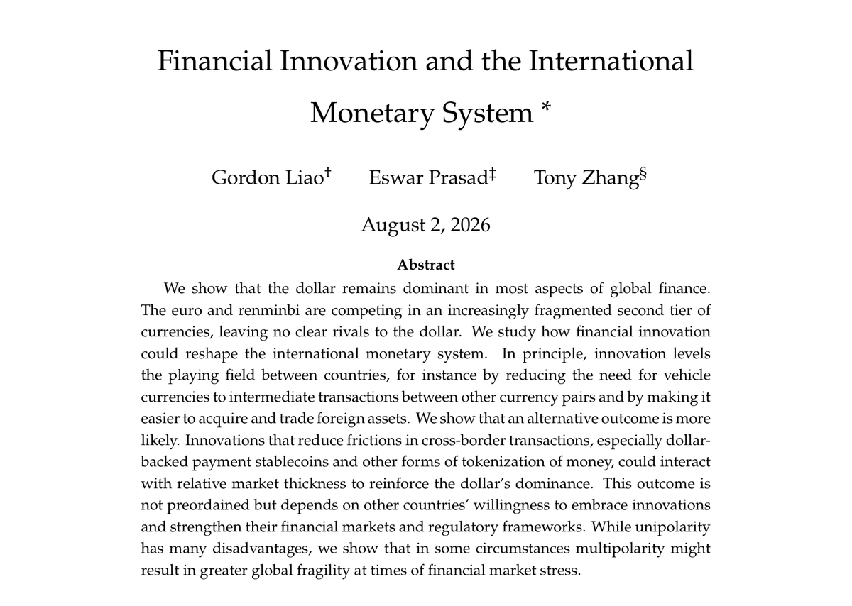 gordonliao's tweet photo. The dollar's share of FX reserves is at a two-decade low. Treasury convenience yields have turned negative.

End of dollar dominance? No — but financial innovation could reshape the system.

Our new Jackson Hole Economic Policy Symposium paper, w/ @EswarSPrasad &amp; Tony Zhang 🧵 https://t.co/Dyq4Us5E6z