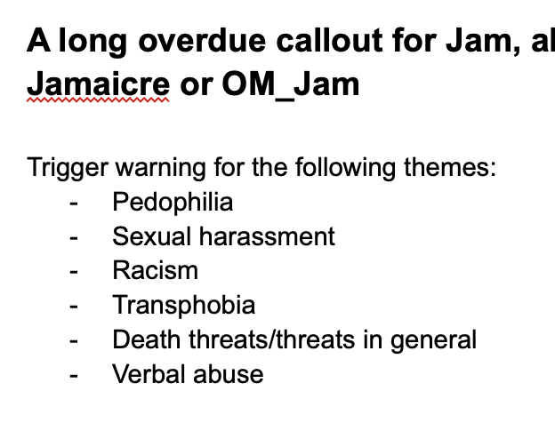 longbirdidv's tweet photo. IDV FANS PLEASE READ

In light of some recent events, this is a proper callout post about Jam aka Omzar, who is most known for playing in COA 6 on Omega/Omni, as well as for being friends with B4U. https://t.co/e9HsnY4kI0

#idv #idvtwt #IdentityV @GameIdentityV @IdentityVJP https://t.co/2KiRbUgEdu