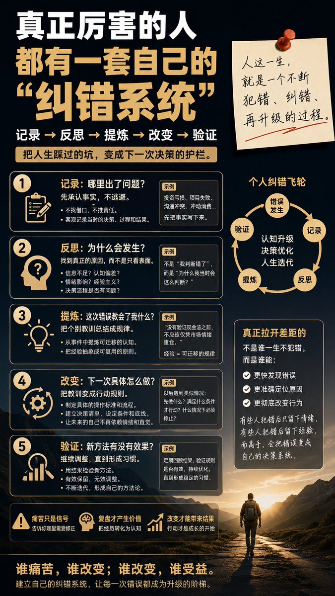 DeerLucid's tweet photo. 人这一生，本质上就是一个不断犯错、纠错、再升级的过程。

投资会看错趋势，职业选择会走弯路，工作会判断失误，教育孩子可能用错方法，人际关系会说错话、信错人。

甚至一次冲动消费、一次错误决定，都可能让自己付出代价。

犯错并不可怕。

真正可怕的是：

同一种错误，换一个场景，再犯一次。

很多人活了几十年，经历了无数事情，却只是把同一种痛苦重复了很多遍。

因为：

经历 ≠ 成长。

只有把经历转化成认知，把认知转化成行动规则，最后再通过结果验证，经历才真正产生价值。

我越来越认为，一个人应该建立自己的「纠错系统」。

① 记录：到底哪里出了问题？

先承认事实。

不要急着解释，更不要把责任全部归因于环境、别人和运气。

问自己：

“如果只看结果，我到底做错了什么？”

⸻

② 反思：为什么会发生？

不要停留在“我判断错了”。

继续追问：

为什么当时会这么判断？

是信息不足？

认知偏差？

情绪影响？

经验主义？

还是根本没有建立决策标准？

找到原因，比寻找借口重要得多。

⸻

③ 提炼：这次错误到底教会了我什么？

最重要的一步，是把一次具体事件，提炼成可以迁移的规律。

比如：

“这次投资亏钱了”只是经历。

“我在没有验证现金流之前，不应该仅凭市场情绪重仓。”

这才是经验。

错误只有被抽象成规则，才不会白犯。

⸻

④ 改变：下一次具体怎么做？

没有行动的反思，只是一种高级自责。

必须把教训变成具体规则：

以后遇到类似情况，我先做什么？

什么条件满足后才能行动？

什么情况下必须停止？

甚至可以给自己建立一套“决策清单”。

让未来的自己，不再依赖当时的情绪和直觉。

⸻

⑤ 验证：新方法真的有效吗？

规则建立之后，还要接受现实检验。

有效，就保留。

无效，就调整。

不断迭代。

这其实就是一个人的：

个人反馈闭环。

错误 → 记录 → 反思 → 提炼 → 改变 → 验证 → 新认知 → 再决策。

循环往复。

⸻

真正拉开人与人差距的，从来不是：

谁一生不犯错。

而是：

谁能更快发现错误、更准确定位原因、更彻底改变行为。

有些人犯错之后，只留下情绪。

有些人犯错之后，留下经验。

还有一小部分人，会把错误变成自己的决策系统。

这才是最高级的成长。

所以，不要害怕犯错。

真正需要警惕的是：

你已经为同一个错误付出过代价，却没有建立任何机制，阻止它下一次再次发生。

痛苦只是信号。

复盘才能产生认知。

改变才能产生结果。

谁能从错误中持续迭代，谁就在持续升级自己。