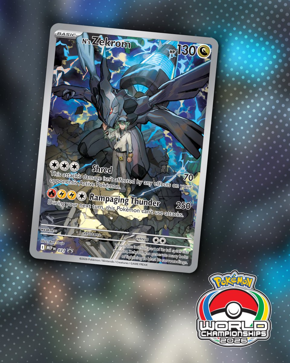 PokemonTCG's tweet photo. N's Zekrom makes electric plays without using its attacks itself. Pokémon like N's Zoroark ex or Slowking want to use Rampaging Thunder instead ⚡️

Drop it on the Bench or top of your deck to surprise your opponent and SHOCK the competition!

#PokemonWorlds #PokemonTCG https://t.co/pPRbsQaGdA