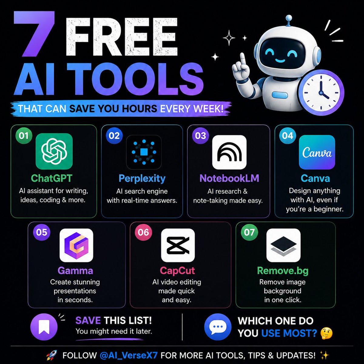 AI_VerseX7's tweet photo. 🔥 7 FREE AI Tools You Need! 🤖

ChatGPT • Perplexity • NotebookLM • Canva • Gamma • CapCut • https://t.co/QrkO0utxZX

🔖 Save this post!
👇 Which one is your favorite?

🚀 Follow @AI_VerseX7 for more AI content. https://t.co/94VEKG3kEd