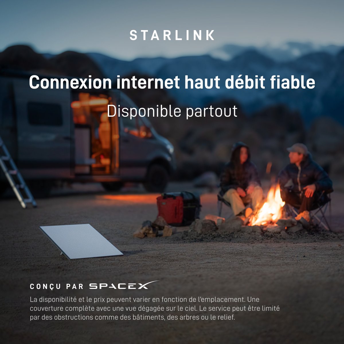 Starlink's tweet photo. Starlink offre une connexion internet rapide et fiable dans les zones les plus rurales et reculées. Portable et facile à installer, Starlink°Mini fonctionne où que vous soyez.

Commandez en ligne en quelques minutes.