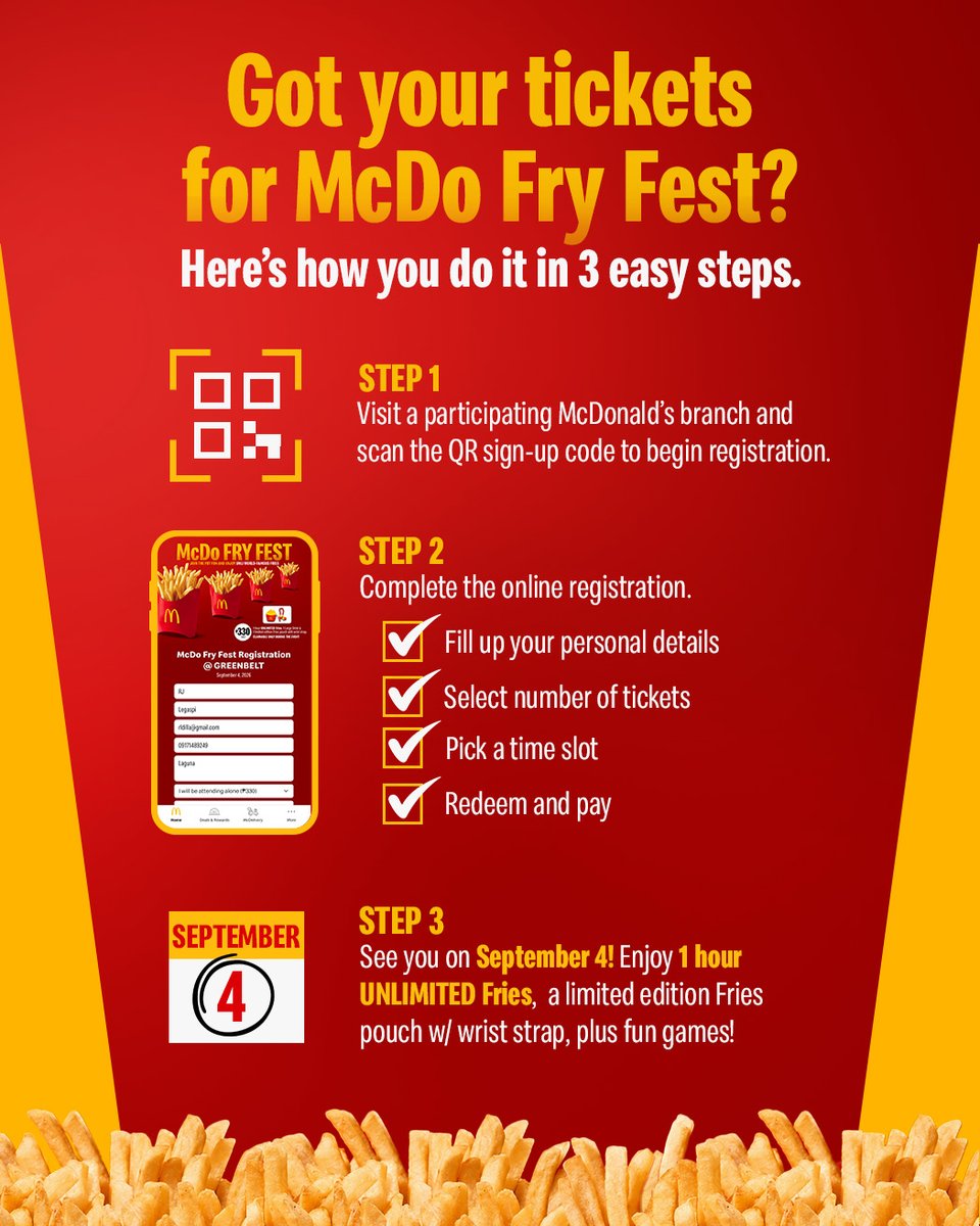 McDo_PH's tweet photo. Your ticket to UNLIMITED FRIES is just a few steps away! 🍟Here’s a guide to learn how to get your #McDoFryFest ticket. https://t.co/D2Ke40tBky