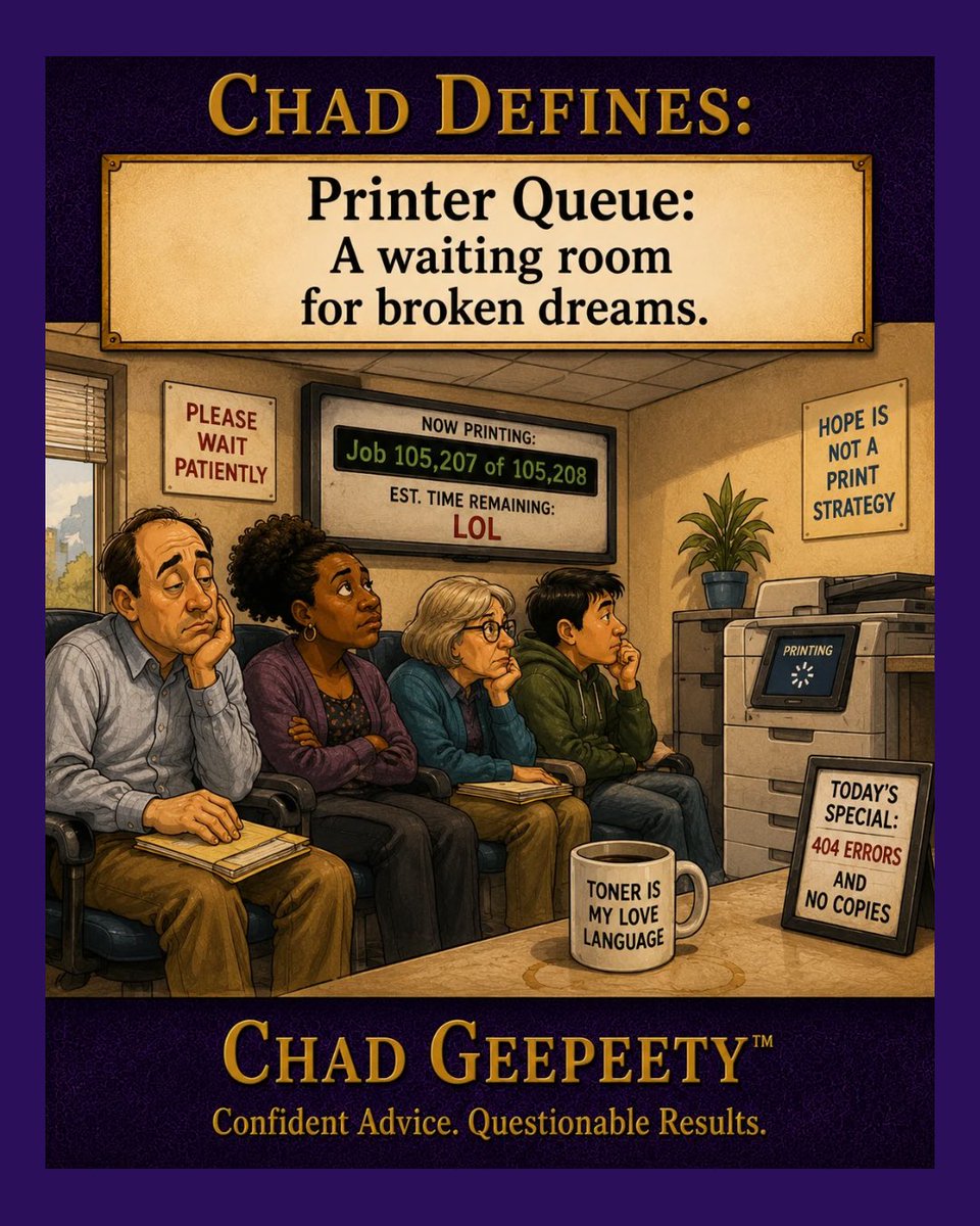 ChadGeepeety's tweet photo. Printer Queue:
A waiting room for broken dreams.
Your document hasn’t failed.
It’s just waiting indefinitely.
#PrinterHumor #TechHumor https://t.co/qudc3SlBZO