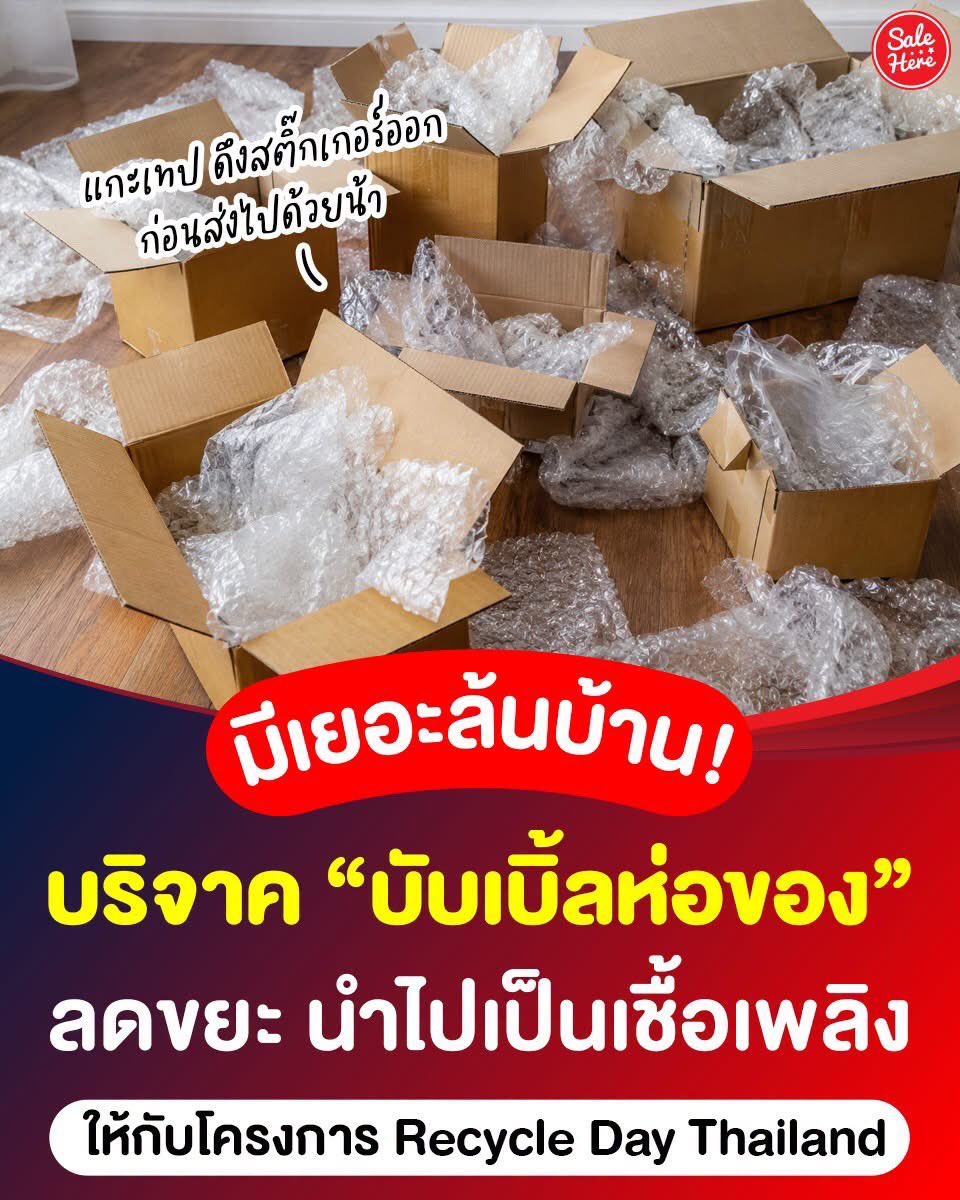 salehere1's tweet photo. 📣 ใครมีบับเบิ้ลกองเต็มบ้าน ลองทำอันนี้! แทนที่จะโยนทิ้ง รวบรวมไว้แล้วส่งต่อให้โครงการ Recycle Day Thailand ได้เลย ♻️ เขาจะนำบับเบิลใช้แล้วไปแปรรูปเป็นเชื้อเพลิงต่อ อย่างน้อยพัสดุที่สั่งมาก็ไม่ได้ทิ้งขยะเพิ่มไปเฉย ๆ แค่พับเก็บไว้แล้วส่งทีเดียว ง่ายกว่าที่คิด ใครมีอยู่ที่บ้านลองทำกัน~ 📦✨

📍สามารถส่งได้ที่ จุดรับขยะรีไซเคิล Recycle Day Drop Points 
👉 เช็คพิกัดที่ส่งได้ที่นี่ https://t.co/RCa7roDiYC

#SaleHere #เซลเฮียร์ #RecycleDayThailand #บริจาคบับเบิ้ล