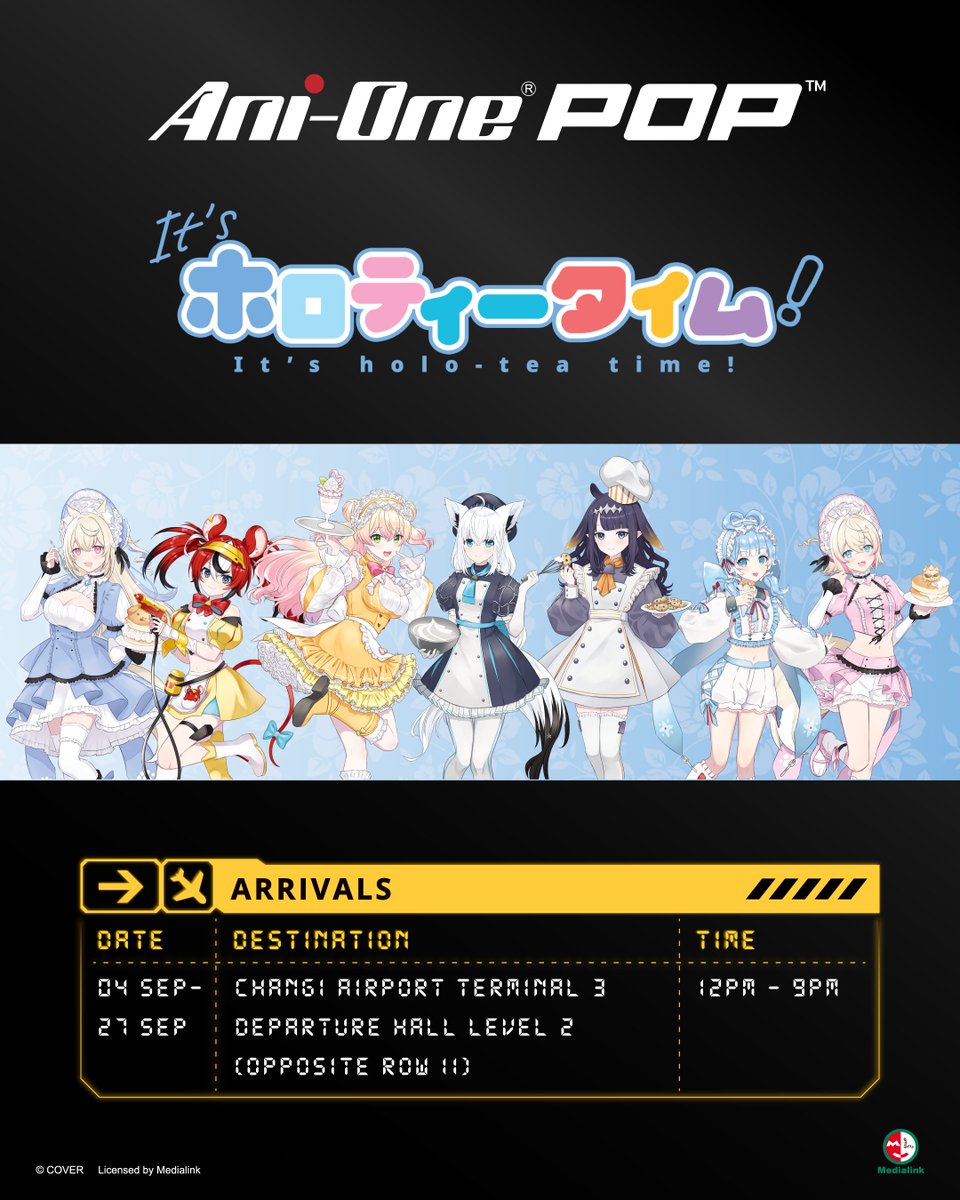 hololive_En's tweet photo. Now Arriving to Singapore: hololive production – It's holo-tea time! Merchandise 🫖✨

Spend $30 on the merchandise and get an exclusive designed Boarding Ticket 🎫

Don't miss out on the gorgeous tea party merch at Changi Airport Terminal 3!

📍 Changi Airport T3, Departure Hall Level 2
🗓️ 4 Sep - 27 Sep 2026
⏰ 12PM - 9PM

#MedialinkSingapore #AniOne #hololive #hololiveproduction #It’sholo-teatime!