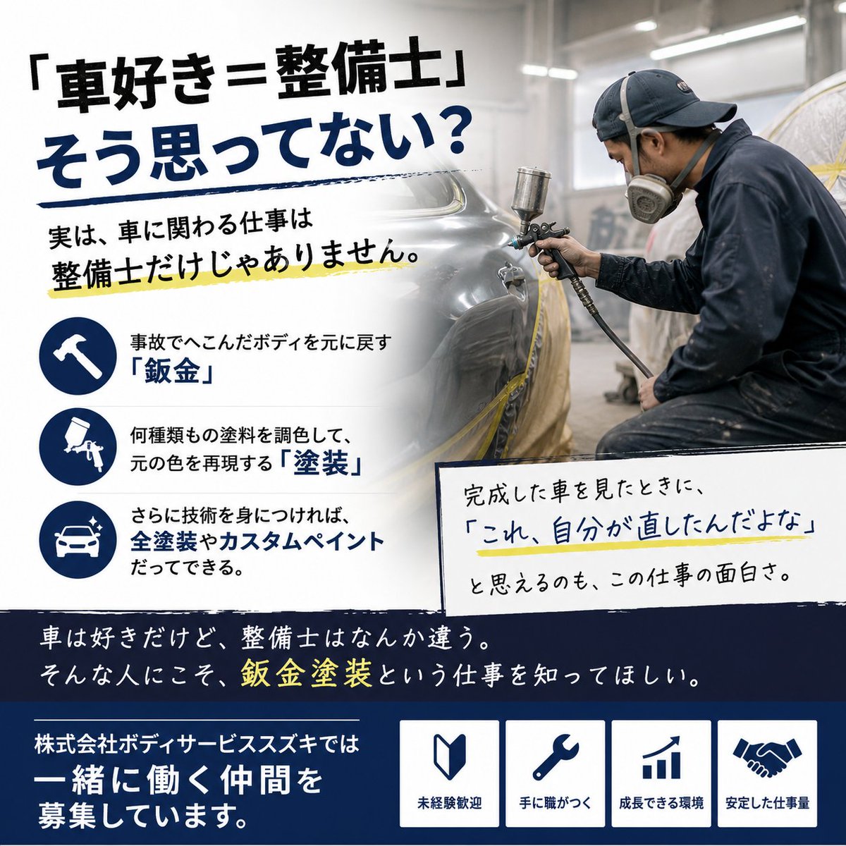everycustom's tweet photo. 「車好き＝整備士」

そう思ってない？

車に関わる仕事には、
へこみを直す「鈑金」や
色を再現する「塗装」もあります。

技術を身につければ、全塗装やカスタムペイントも。

車は好き。でも整備士はなんか違う。

そんな人に「鈑金塗装」という仕事を知ってほしい。

#車好き #鈑金塗装 #求人 https://t.co/GUo15sJF1i