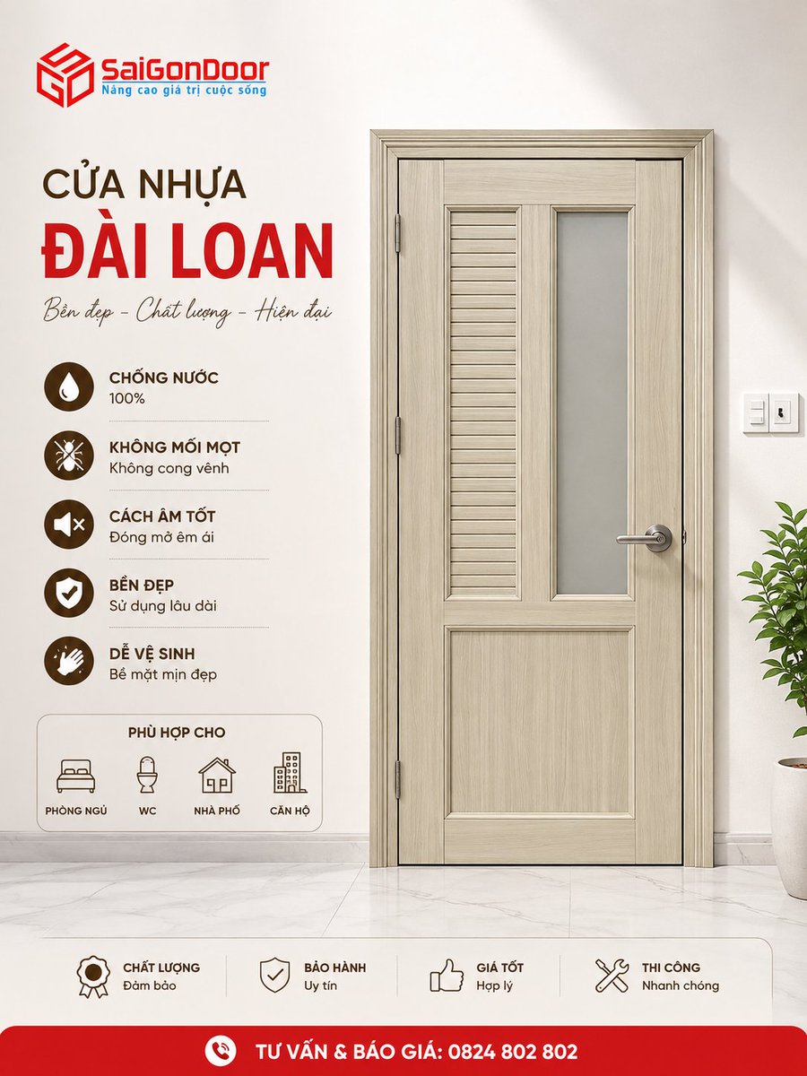 HiemCua's tweet photo. 🚪 CỬA NHỰA ĐÀI LOAN – BỀN ĐẸP, TIỆN DỤNG ✨

✅ Chống nước – không mối mọt
✅ Không cong vênh, bền đẹp
✅ Mẫu mã hiện đại, dễ vệ sinh
🏠 Phù hợp phòng ngủ, nhà vệ sinh, nhà phố, căn hộ.
📞 Tư vấn &amp; báo giá: 0824 802 802 https://t.co/qOt8gbL7kO