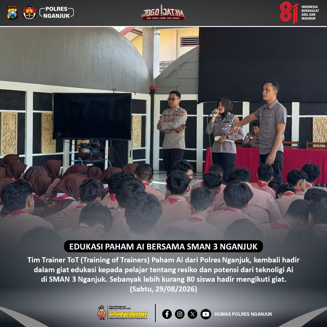 HumasPolresNga3's tweet photo. Tim Trainer paham Ai Polres Nganjuk memberikan edukasi resiko dan potensi tehnologi Ai kepada pelajar SMAN 3 Nganjuk.

#Bidhumaspoldajatim
#spripimpoldajatim
#sdmpoldajatim
#sdmpolresnganjuk
#humaspolresnganjuk https://t.co/6M1aWwLDgX