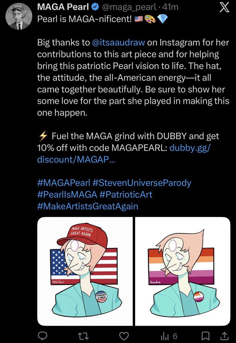 itsaaudraw's tweet photo. some asshole stole my pearl art, edited it with AI to make it MAGA and thought it would be oh so cute and funny to tag me. please help me in reporting this guy. https://t.co/9mjaoDiNO3