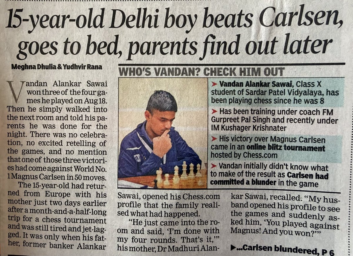 Fintech03's tweet photo. 10 days. The chess world just watched this happen :))

18 August - A 15 year old named Vandan Alankar Sawai, rated 2,288, sat down in Chess[dot]com's Titled Tuesday and got paired against the World No. 1, Magnus Carlsen, rated 2,823. A 535-point gap. Vandan later said the quiet part out loud: "I did not have anything to lose and everything to gain." 

50 moves later, Carlsen blundered his king on move 26. Vandan closed it out.

Vandan did not tell anyone. Went back home like it was a regular Tuesday. His parents had to physically ask him how the tournament went before he mentioned, almost as an afterthought, that he had beaten Magnus Carlsen. His own mother later said they had to force him to play the event in the first place.

24 August - Grand Chess Tour semifinal, St. Louis. Praggnanandhaa Rameshbabu takes down Vincent Keymer, winning both the classical and rapid segments outright to punch his ticket to the final before blitz even starts.

27 August - the final. Caruana. Praggnanandhaa walks into the last day 6 points down. Wins both rapid games. Holds his nerve through blitz. Closes it 15-13.

First Indian ever to win the Grand Chess Tour.

10 days. 2 world class GMs beaten in 1 week by 1 Indian, and the World No. 1 quietly taken down by a kid who forgot to mention it at dinner.