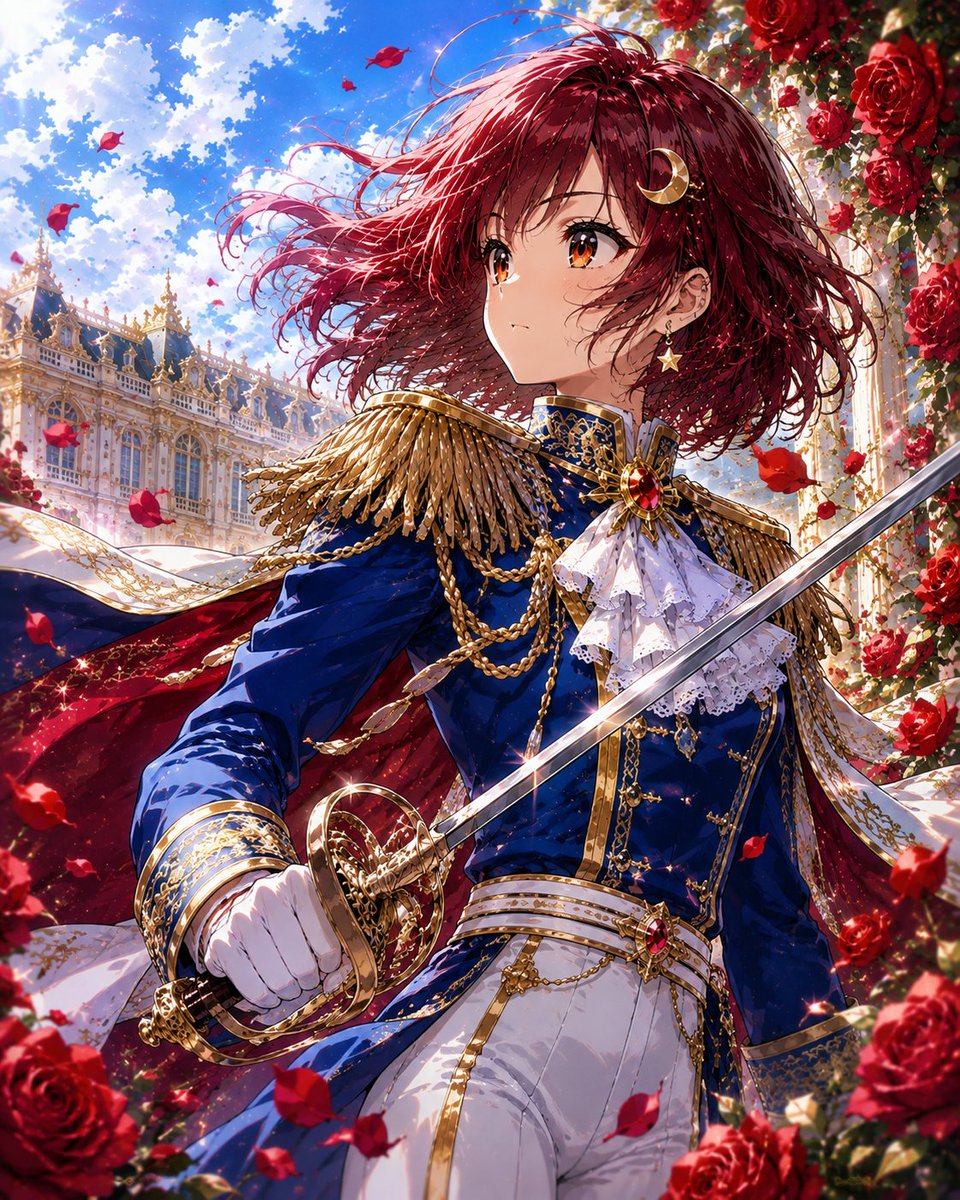 amnimanai's tweet photo. 今日は「#ベルばらの日」🌹✨
オスカルをイメージした軍服姿で一枚✨
愛と自由のためにーーっ！🌹⚔️
#AIart https://t.co/0vH8TXRmjR
