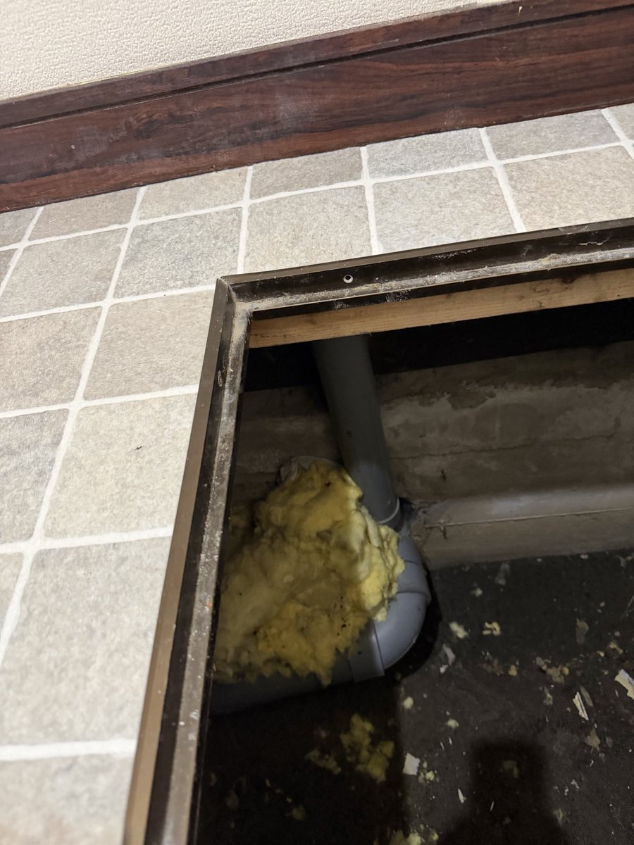 sososasa86's tweet photo. 退去した戸建の内装工事をしてもらったので現地確認にきたら洗濯排水の穴がない⁉️😅
点検口下を確認したら排水管を確認。内装屋さんが埋めてしまったみたいだ💦
カッターで穴を開けてこれを取り付けた。 https://t.co/3hGXae4DXW