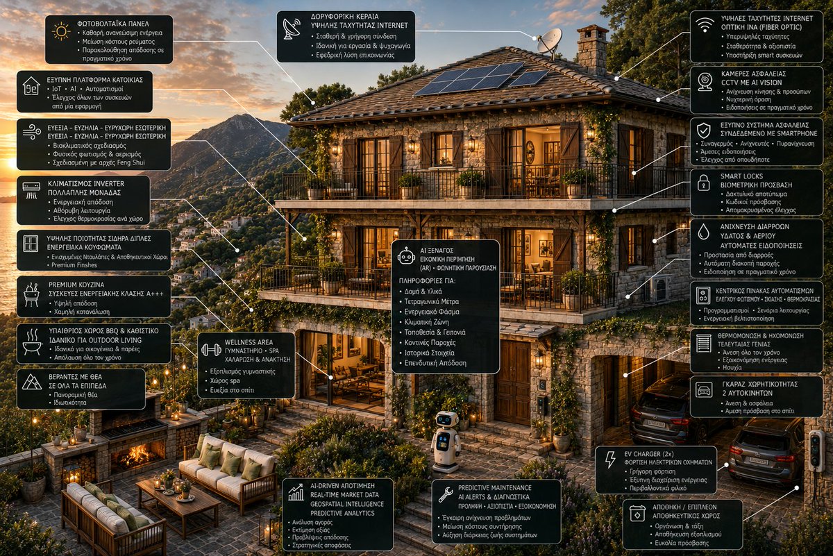apostolos_kl's tweet photo. #AI #RealEstate #PropTech: Σατιρικό Υπόδειγμα Αγγελίας και Φωτογραφίας για AI Smart‑Living Residence  
(το περιεχόμενο αποδίδεται σωστά μόνο στα Ελληνικά)

Ἐξέχον καὶ Ἐπιβλητικὸν Mountain Trophy Retreat πρὸς Πώλησιν εἰς τὸ Ὄρος τῶν Κενταύρων.
Ἄγρα Ἀγοραστῶν ποὺ ἀναζητοῦν Θέα εἰς τὸ Αὔριον καὶ τὴν Τεχνητὴν Νοημοσύνην (AI).

Πρὸς πώλησιν διῶροφος, πλήρως ψηφιοποιημένη, AI‑enabled, tech‑enhanced καὶ future‑ready ἐξοχικὴ μονοκατοικία.
Κειμένη εἰς τὸ Πήλιον, ἐν προνομιούχῳ καὶ περιζητήτῳ τοποθεσίᾳ (prime location).
Διακρίνεται διὰ τὴν ἀπαράμιλλον ἀρχιτεκτονικὴν σύνθεσιν αὐτῆς.
Συνδυάζει νεοκλασικὸν ὕφος, Πηλιορείτικην ἀρχιτεκτονικὴν καὶ στοιχεῖα smart‑home τεχνολογίας καὶ ἐφαρμογῶν IoT.

Εὐάερος, Εὐήλιος Εὐρύχωρος, Εὐφώτιστος, Εὐπρόσιτος.
Σχεδιασμένη κατὰ τὰς ἀρχὰς τοῦ feng shui.
Διαθέτει σύστημα κλιματισμοῦ inverter τελευταίας τεχνολογίας μετὰ πολλαπλῶν μονάδων air‑condition.
Φωτοβολταϊκὰ πλαίσια ἐπὶ τῆς στέγης, ἐξασφαλίζοντα ἐνεργειακὴν αὐτονομίαν κατὰ τὸ πρότυπον net‑zero.

Τὰ δάπεδα εἶναι ὑψηλῆς ποιότητος (μασίφ ξύλο καρυάς).
Αἱ ἐντοιχισμέναι ντουλάπαι καὶ οἱ πρόσθετοι ἀποθηκευτικοὶ χῶροι διαθέτουν premium finishes εἰς πάντα τὰ δωμάτια. Προσδίδουσι πρακτικότητα καὶ αἴσθησιν πολυτελείας.
Ἡ κουζίνα εἶναι premium, ἐξοπλισμένη διὰ συσκευῶν ἐνεργειακῆς κλάσεως A+++.
Ἡ οἰκία συμπληροῦται ὑπὸ ὑπαιθρίου χώρου BBQ καὶ καθιστικῶν ἐξωτερικοῦ χώρου, ἰδανικοῦ διὰ outdoor living.

Ἡ οἰκία διαθέτει smart‑locks μετὰ βιομετρικῆς προσβάσεως.
Σύστημα ἀνιχνεύσεως διαρροῶν ὕδατος καὶ ἀερίου μετ’ αὐτομάτου εἰδοποιήσεως.
Κεντρικὸν πίνακα αὐτοματισμῶν πρὸς ἔλεγχον φωτισμοῦ, σκιάσεως καὶ θερμοκρασίας.
Θερμομόνωσις καὶ ἠχομόνωσις τελευταίας γενεᾶς.
Σύνδεσις δι’ ὀπτικῆς ἰνός, ἐξασφαλίζουσα ὑψηλὰς ταχύτητας διαδικτύου.
Εἰς τὸν κάτω ὄροφον προβλέπεται wellness area διὰ χαλάρωσιν καὶ ἄσκησιν.

Ἡ ξενάγησις πραγματοποιεῖται δι’ αὐτομάτου μηχανικοῦ βοηθοῦ (ρομπότ).
Ἐξοπλισμένου δι’ ἀλγορίθμου τεχνητῆς νοημοσύνης πρὸς ἐπεξεργασίαν φυσικῆς γλώσσης.
Παρέχει ἐικονικὴν περιήγησιν ἐν εἴδει augmented reality.
Ἐπιδεικνύει δωμάτια, διαδρόμους, νιπτῆρα, λουτρὰ, κῆπον.
Μετὰ λεπτομερειῶν περὶ τετραγωνικῶν μέτρων, φάκελον ἐνεργειακῆς ἀποδόσεως καὶ κτηματολογικὸν καθεστώς.

Τὸ ἀκίνητον διαθέτει γκαράζ χωρητικότητος δύο αὐτοκινήτων.
Προβλέπεται ἐγκατάστασις φορτιστοῦ ἠλεκτρικῶν ὀχημάτων (EV charger).
Ἀποθήκη.
Βεράντα μετὰ θέας.
Ἔξυπνον σύστημα ἀσφαλείας μετὰ καμερῶν CCTV, συνδεδεμένων εἰς ἐφαρμογὴν smartphone.

Ἡ προτεινομένη τιμὴ (asking price) ἔχει προσδιορισθῆ διὰ AI‑driven valuation model.
Βασίζεται εἰς real‑time market data, geospatial intelligence καὶ predictive analytics.

Διὰ πᾶσαν πληροφορίαν ἢ ἐπίσκεψιν, παρακαλεῖσθε ὅπως ἐπικοινωνήσητε μετὰ τοῦ ἰδιοκτήτου.
Ἵνα κανονισθῇ συνάντησις διὰ virtual ἢ διὰ φυσικὴν ξενάγησιν, κατὰ τὴν προτίμησιν τοῦ ἐνδιαφερομένου.