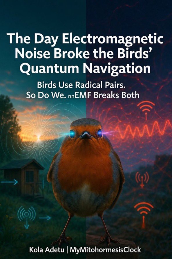 MitohormesisAct's tweet photo. Nature 2014: The Day Electromagnetic Noise Broke the Birds’ Quantum Navigation [DARPA FUNDED RESEARCH]

// MyMitohormesisClock

European robins — masters of transcontinental navigation — were placed in wooden huts and asked to orient using Earth’s magnetic field.

When researchers installed simple wire-mesh screens and properly grounded them (creating a working Faraday cage), the birds oriented perfectly. Clean magnetic compass.

When they ungrounded the screens? Total chaos. The birds became completely disoriented — scattered randomly.

Same hut. Same birds. Same time of year. The only variable was whether ambient electromagnetic noise (electrosmog) could leak in.

Magnetic compass orientation can literally be turned on and off by grounding or un-grounding the screens.

This is one of the cleanest control experiments in quantum biology. Published in Nature (Engels, Hore, Mouritsen et al., 2014).

Why this matters

Birds don’t use a classical compass. They use quantum radical pair chemistry in cryptochrome proteins in their eyes. Blue light creates spin-correlated radical pairs whose singlet-triplet interconversion is exquisitely sensitive to weak magnetic fields — including the Earth’s.

Even faint broadband electromagnetic noise in the kHz–MHz range scrambles those delicate quantum spin states.

We have the exact same cryptochrome machinery.

While birds use it for physical navigation, humans repurpose this quantum interface for cognitive navigation: generating novel place-cell sequences in the hippocampus and prefrontal cortex, especially during novel and unpredictable tasks. The same radical pair physics that lets a robin cross oceans powers your ability to think originally.

Now layer in the circadian-cued mitohormesis lens:

•  Morning full-spectrum light (especially dawn blue + IR) doesn’t just entrain the SCN clock — it primes and protects these radical pair systems daily.

•  Neuromelanin + structured (EZ) water + low-deuterium metabolic water create the coherent medium that stabilizes quantum coherence.

•  nnEMF (WiFi, phones, smart devices, dirty electricity) acts like constant ungrounded screens around our skulls — scrambling the same spin chemistry that governs timing, redox signaling, and creative cognition.

The result? Disrupted circadian timing, blunted mitohormesis, iron redox flips (Fe²⁺ → Fe³⁺), neuromelanin stress, chronic low-grade hypoxia in neural tissue, and the downstream “broken clock” pathologies we see everywhere.

This isn’t fringe. It’s mainstream quantum biology confirming what first-principles thinking has been saying: light is the master, nnEMF is the disruptor, and coherent water + melanin are the interface.
The birds told us in 2014. We just weren’t listening.

Prioritize real dawn light.

Minimize chronic electrosmog (ground, shield, distance).

Support the quantum substrate with structured/DDW practices.

Your radical pairs — and your mind — will thank you.

The Dawn Code is written in photons and spins.

Modern life is trying to jam the signal.
Protect the antenna. 🌅