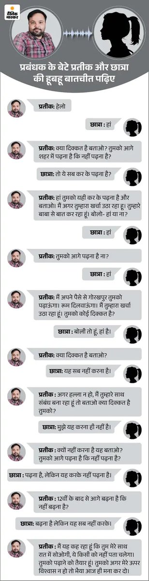 askshivanisahu's tweet photo. गोला क्षेत्र की एक 15 साल की छात्रा एक निजी गर्ल्स इंटर कॉलेज में 10वीं में पढ़ती है। छात्रा के मुताबिक, उसके पिता मुंबई में काम करते हैं। वह अपने बाबा, मां और छोटी बहन के साथ गांव में रहती है। कॉलेज में ही प्रबंधक का बेटा प्रतीक त्रिपाठी टीचिंग करता है।

छात्रा के अनुसार, करीब 4 महीने पहले छुट्‌टी के बाद प्रतीक ने उसे अपने केबिन में बुलाया। केबिन में वह अकेले था। मैं अंदर गई तो उसने मुझे पकड़ लिया और अश्लील हरकत करने लगा। विरोध करने पर उसने धमकी दी कि अगर उसने उसके साथ संबंध नहीं बनाए तो वह उसे फेल कर देगा और बदनाम कर देगा।

आरोपी ने छात्रा से कहा कि दोनों के बीच जो होगा, उसके बारे में किसी को पता नहीं चलेगा। इसके बाद उसके साथ रेप किया। छात्रा ने उस दिन किसी को कुछ नहीं बताया। आरोपी ने उसका मोबाइल नंबर ले लिया और फोन पर बातचीत करने लगा।

छात्रा के मुताबिक, आरोपी उससे कहता था कि वह उसे आगे बढ़ाएगा। गोरखपुर शहर में पढ़ाएगा, कमरा दिलवाएगा और उसका पूरा खर्च उठाएगा। उसने यह भी कहा कि वह उसके बाबा से बात कर लेगा। छात्रा का आरोप है कि आरोपी ने 4 महीने तक उसका शारीरिक शोषण किया। परेशान होकर छात्रा ने यह बात अपनी छोटी बहन को बताई। बहन ने उसे समझाया।