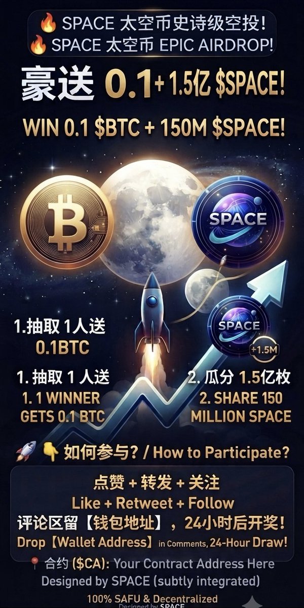 zyh5721's tweet photo. 🔥 全网最大手笔空投！0.1 BTC + 1.5亿枚 SPACE 太空币，今天全部送出！
​为了让 SPACE 太空币 彻底火出圈，今天直接玩个史诗级的：
​🎁 奖池清单：
​终极锦鲤大奖：抽取 1 人直接送 0.1 $BTC！
​社区狂欢奖：额外加码 1.5亿枚 SPACE 太空币 随机空投！
​在评论区留下你的钱包地址，转发+关注 https://t.co/xasuyx2lzg