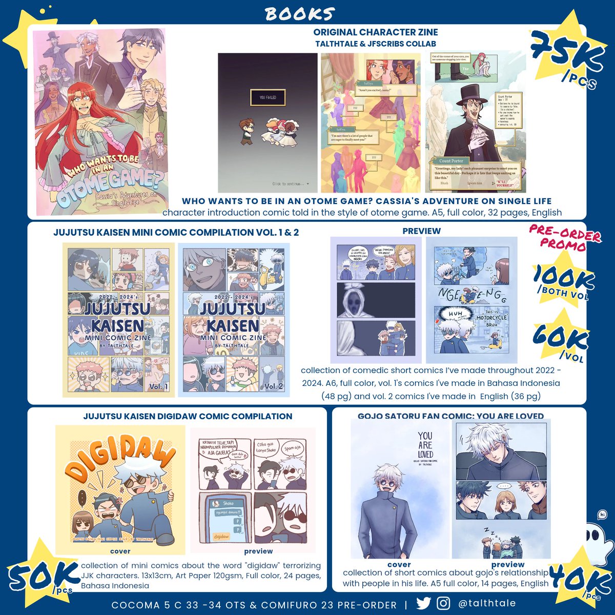 talthtale's tweet photo. #COCOMA5 OTS &amp; #CF23 PO CATALOGUE (1/2)

🏰 OC Zine, JJK, Pandora Hearts, Paramore, Harvest Moon, Ib, Mad Father.

Cocoma 5 (OTS)
📍Ciputra Mall, Dian Ballroom 
🪑 C33-34
📅 12 Sept 2026

Comifuro 23 (pickup &amp; 🇮🇩 mail)
📍ICE BSD, Table No. TBA
📅 PO CLOSE 13 SEPT '26

🔗 PO BELOW https://t.co/FqKFMz4Zdq