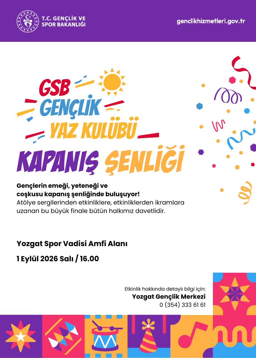 GSB_YozgatGM's tweet photo. 🎉 Yaz Kulübünde Büyük Final! 🎉

Yaz boyunca birlikte öğrendik, ürettik, eğlendik ve birbirinden güzel anılar biriktirdik. Şimdi sıra, gençlerimizin emeğini, yeteneklerini ve coşkusunu hep birlikte kutlamaya geldi! 💜💛 https://t.co/1J6gsD2ilV