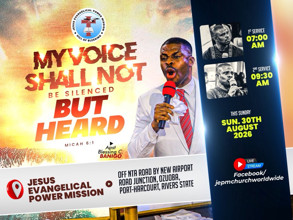 Jepmhob's tweet photo. While we countdown to #TheLordsIngatheringConvention, we continue in our prophetic preparations every Sunday!

This time, our focus is on ‘Our Voice’ - Our voices must be heard and not silenced!

#SundayService
#ApostleBanigo 🗣️
#JesusEvangelicalPowerMission ✊ https://t.co/7WJiPA1fwE
