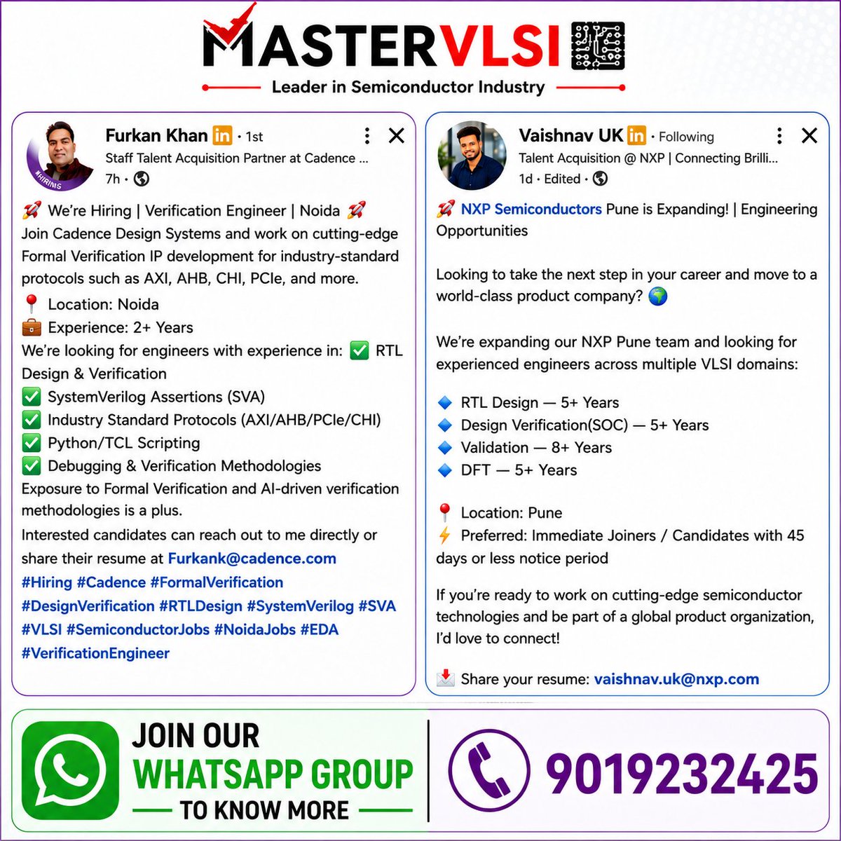 MasterVlsi's tweet photo. 💬 WhatsApp Community
https://t.co/fsh6HowOUx\
CONTACT: 📞 9019232425
🚀 VLSI & SEMICONDUCTOR JOB OPENINGS | CADENCE & NXP
#Mastervlsi #MASTERVLSI #VLSIJobs #DesignVerification #VerificationEngineer #DVEngineer
#SystemVerilog #RTLDesign #RTLVerification #SoCVerification https://t.co/EpBJcZfYNt
