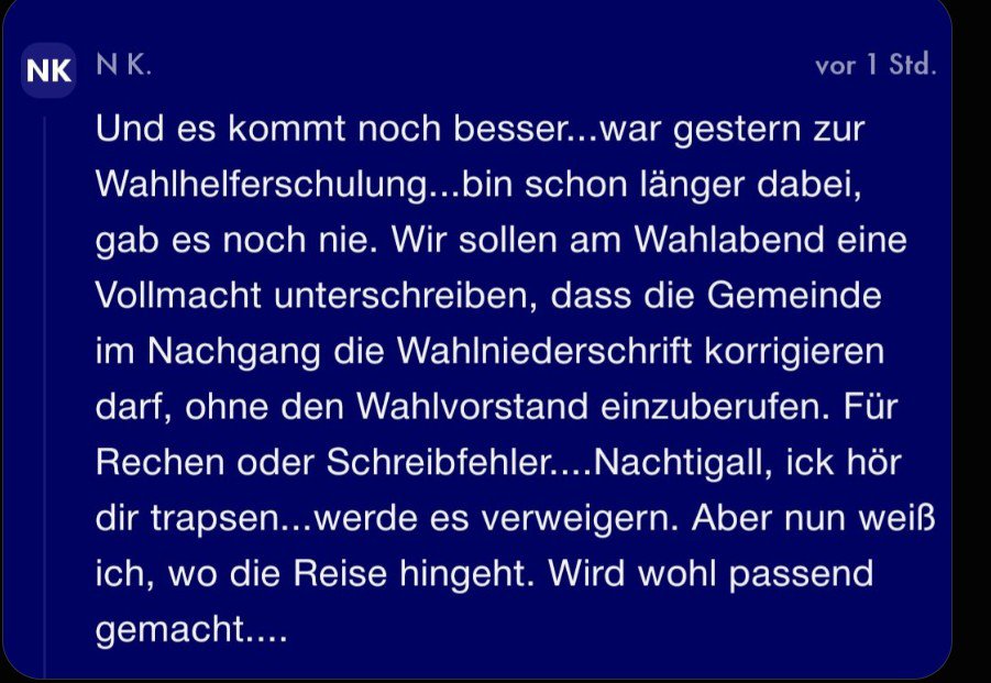 UwePlus207Num's tweet photo. @TichysEinblick Hier sieht man, dass unsereDemonkratie gern unter sich wären, um angebliche Rechenfehler der Urnenwahl "auszubessern", gern mit Vollmacht aus Angst vor Haftung. Was für ein Siff. Wieviel Städte/Kommunen mag es geben, die ohne Vollmacht mal eben "ausbessern"? Alles Corona. https://t.co/0zSMxkP4oi