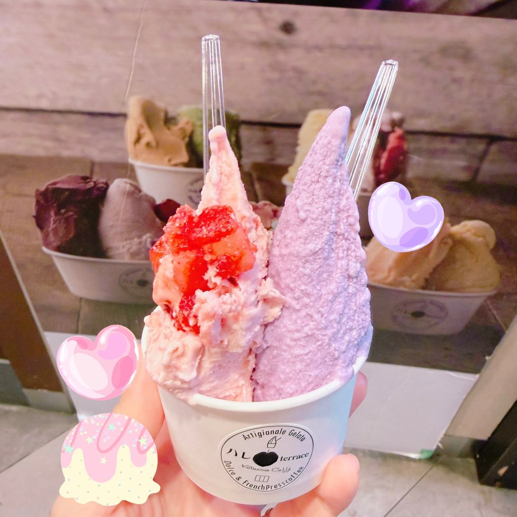 macaron_fuyu's tweet photo. MKLNticイメージの色味のジェラートを食べました🍨(いちご味と紫いも味です🍓🍠) https://t.co/QQOMSjkBIq