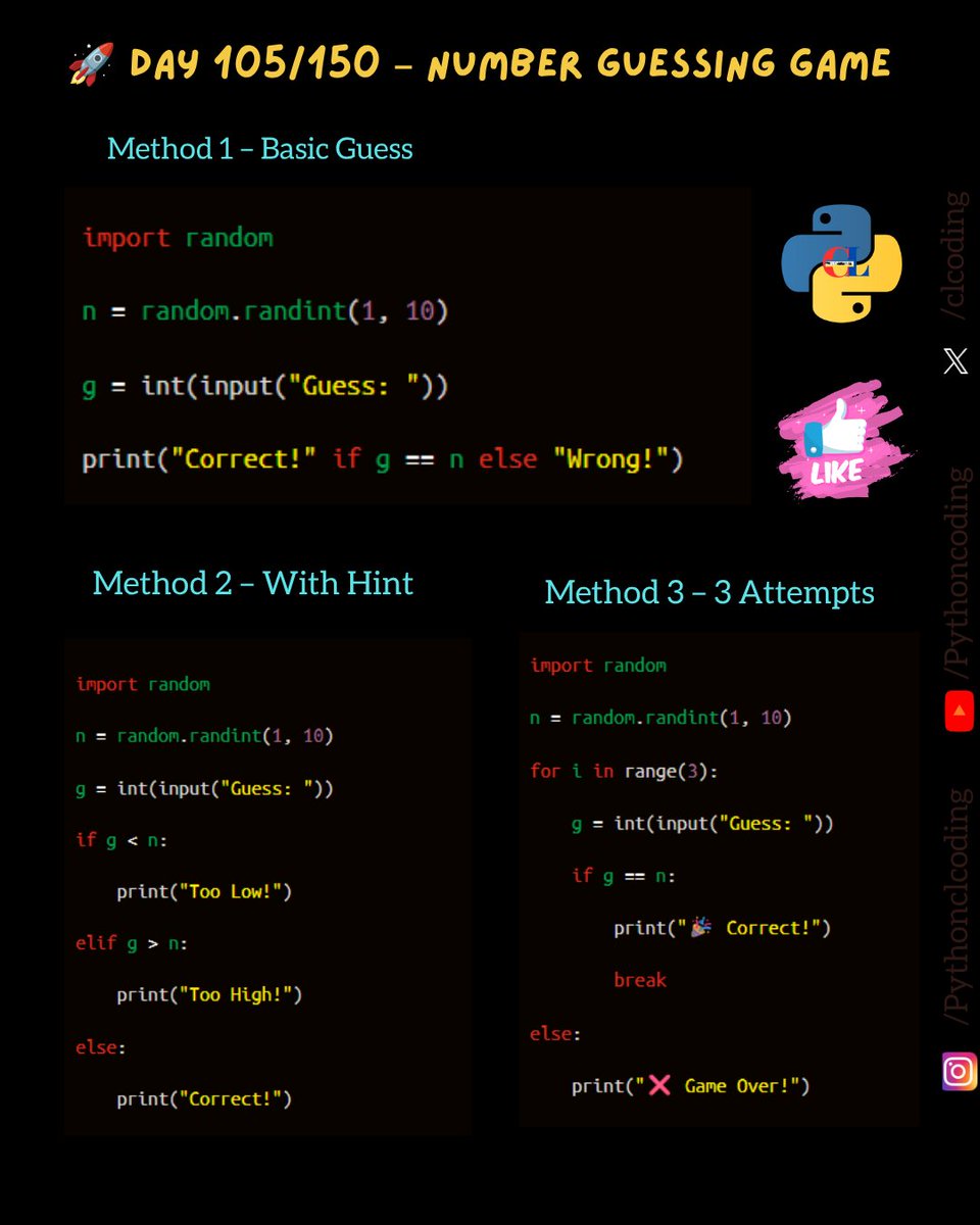 clcoding's tweet photo. Python Tips:

🚀 DAY 105/150 – Number guessing game https://t.co/1ccjbAeYZ9